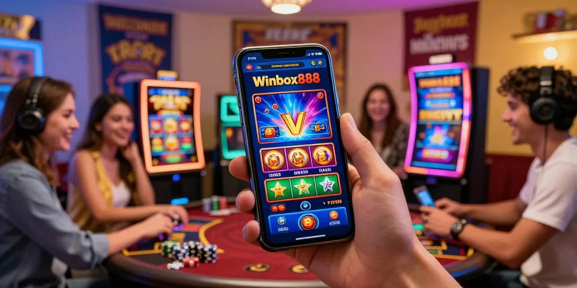 Players enjoying the exciting world of Winbox888 mobile casino games, showcasing slots and live dealer action.