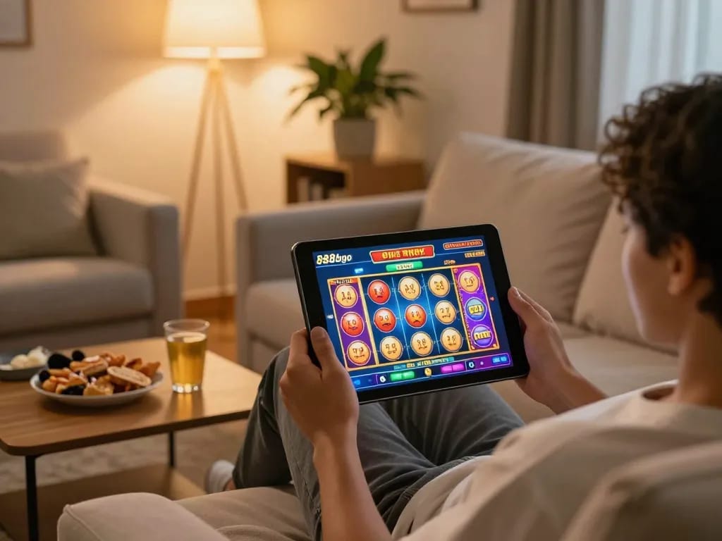 Engaging with 888bgo online casino on tablet at home, enjoying a relaxing gaming experience.