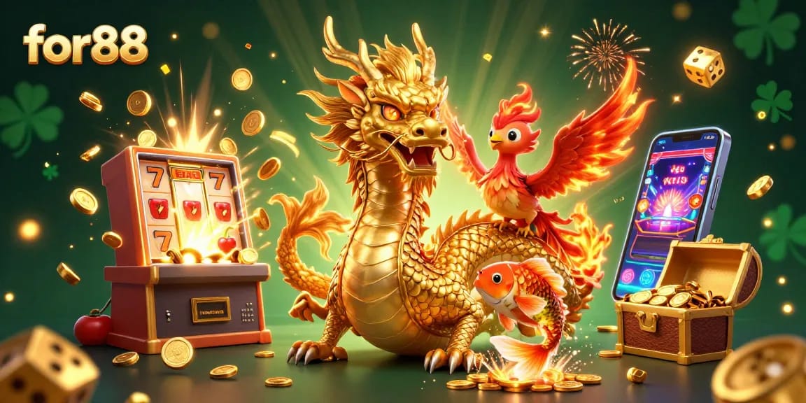 Experience the excitement of for88 with a dynamic illustration featuring a golden dragon, a phoenix, and casino elements.