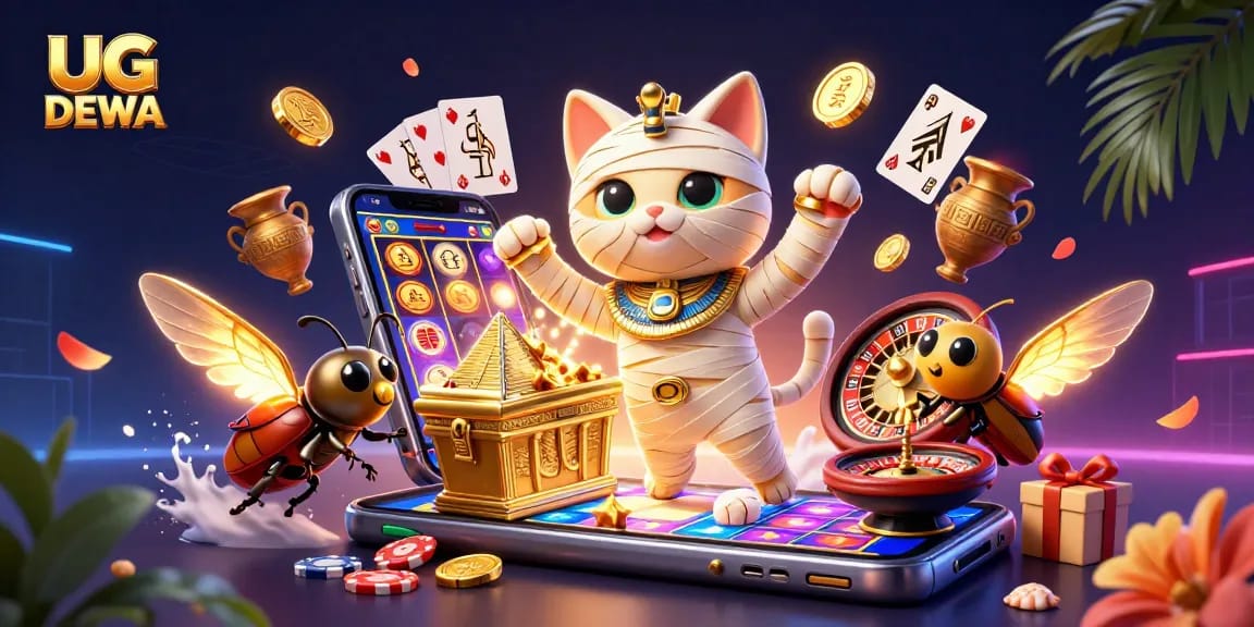 Spin and win at UG DEWA, where the Egyptian mummy cat brings slot game excitement and golden coins!
