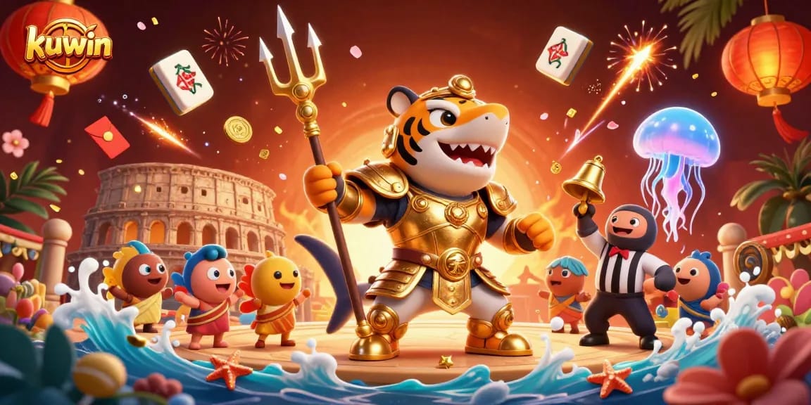Kuwin features an exhilarating underwater casino scene with a tiger shark in gladiator armor.