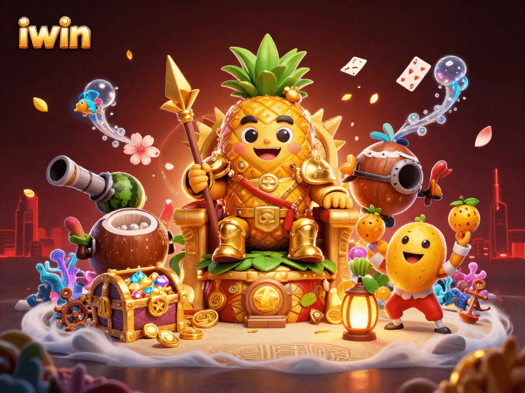 Experience the vibrant excitement at iwin with the golden pineapple king and his lively entourage in this 3D casino illustration.
