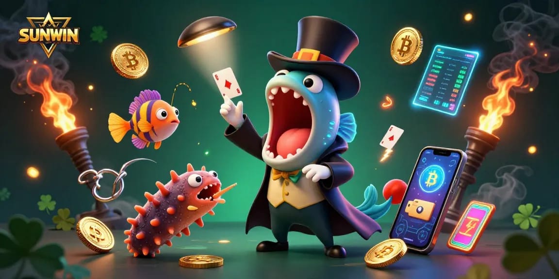 SUNWIN showcases an enchanting magic act with a bioluminescent eel and fish amidst glowing crypto elements.