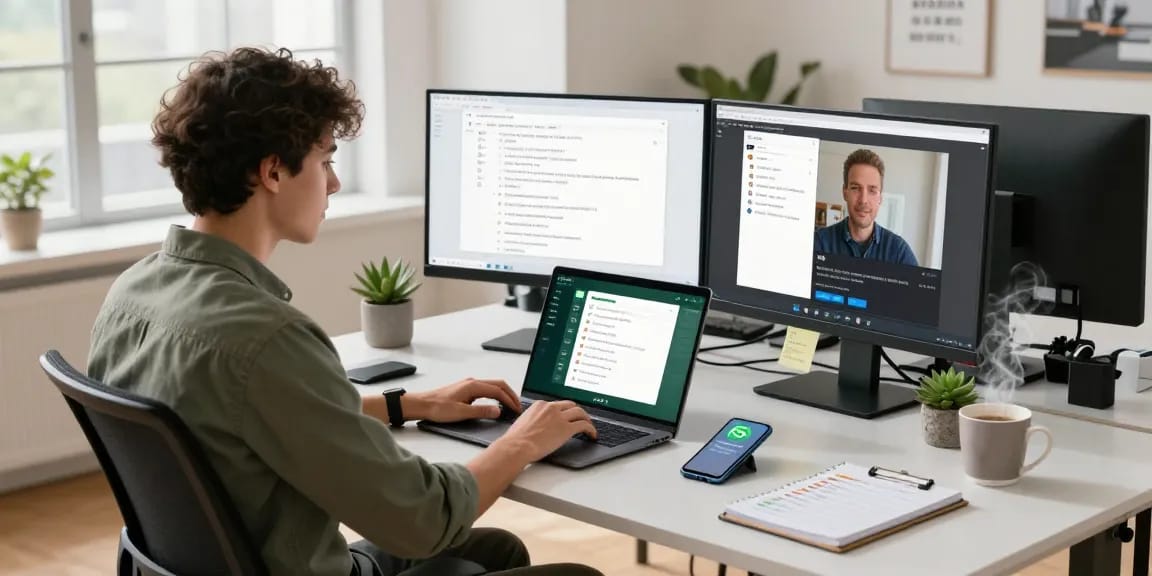 Professional using WhatsApp網頁版 on laptop in a modern workspace