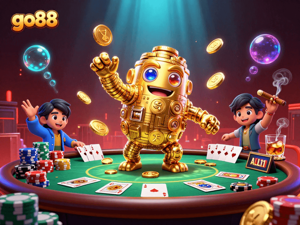Experience the thrill of go88 with a vibrant 3D illustration featuring golden coin golem and dynamic poker elements.