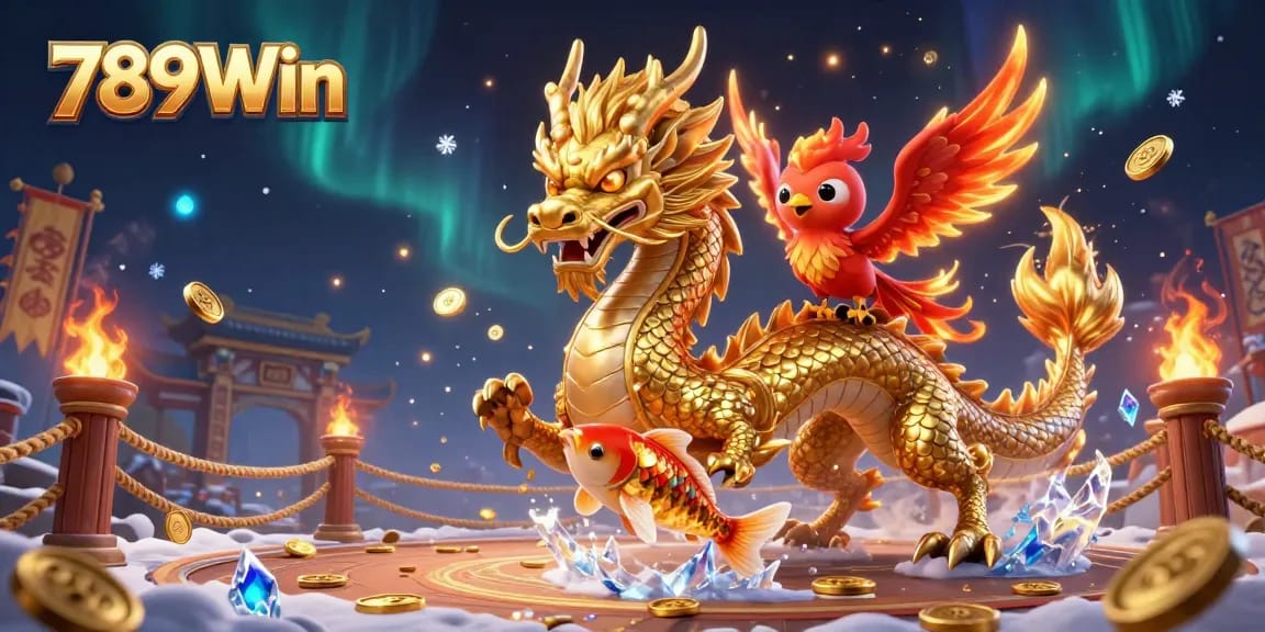 Experience the excitement of 789Win as a golden dragon, phoenix, and koi fish scatter coins in this vibrant casino scene.