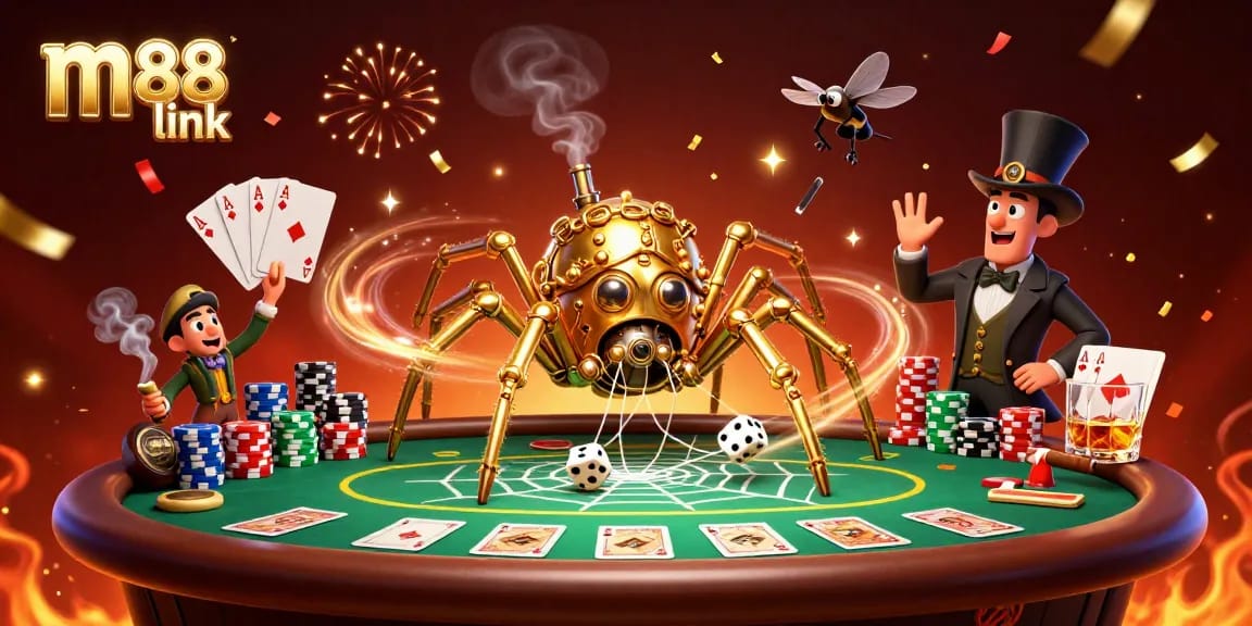 Engage in the excitement of m88 link as a steampunk spider captures dice in a vibrant casino scene.