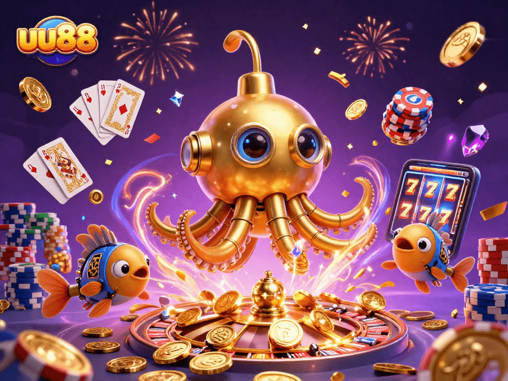 Engage with the ultimate gaming experience at uu88 featuring a golden kraken submarine amid cascading coins and vibrant casino elements.