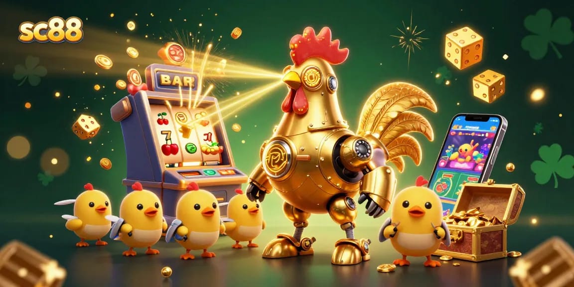 sc88 showcases a vibrant 3D slot scene with a golden rooster robot launching casino excitement.