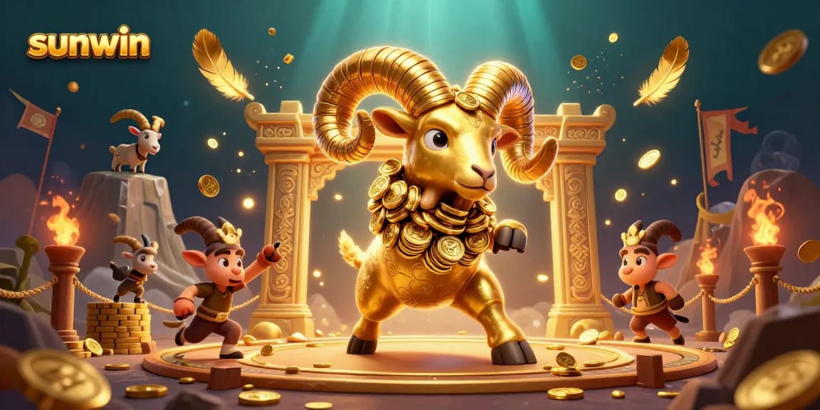 Join the exciting action as the sunwin golden ram charges through a vibrant casino scene filled with games.