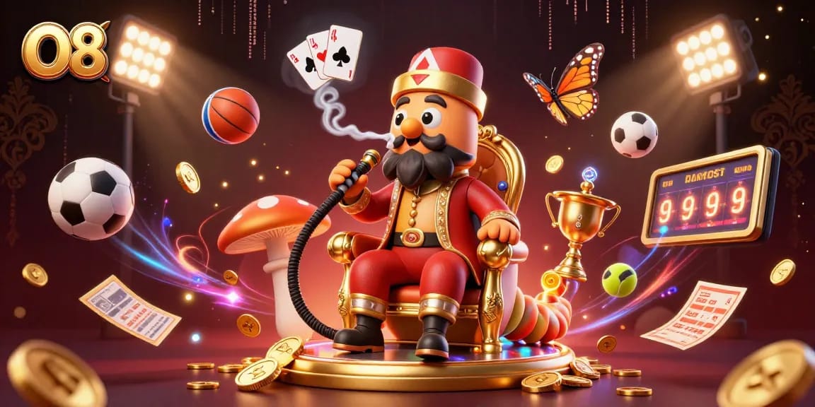 Experience the excitement of O8 with a vibrant 3D casino scene featuring a caterpillar hookah-master among dynamic sports elements.