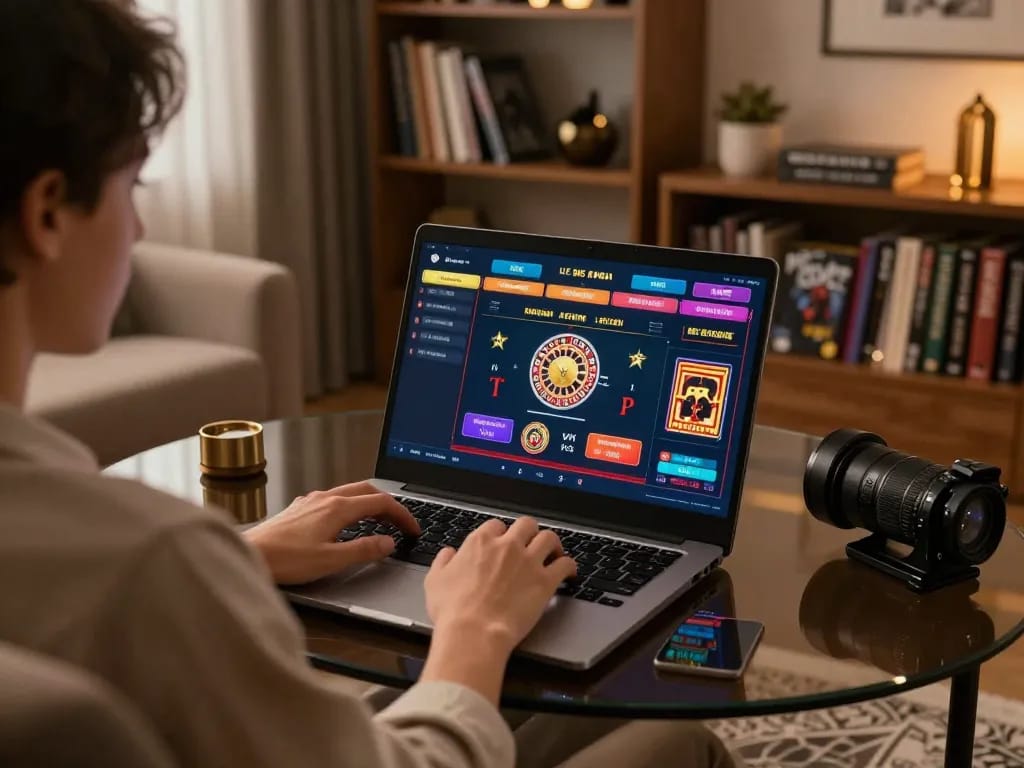 Player enjoying live dealer games on hwg500 laptop in a cozy home setting.