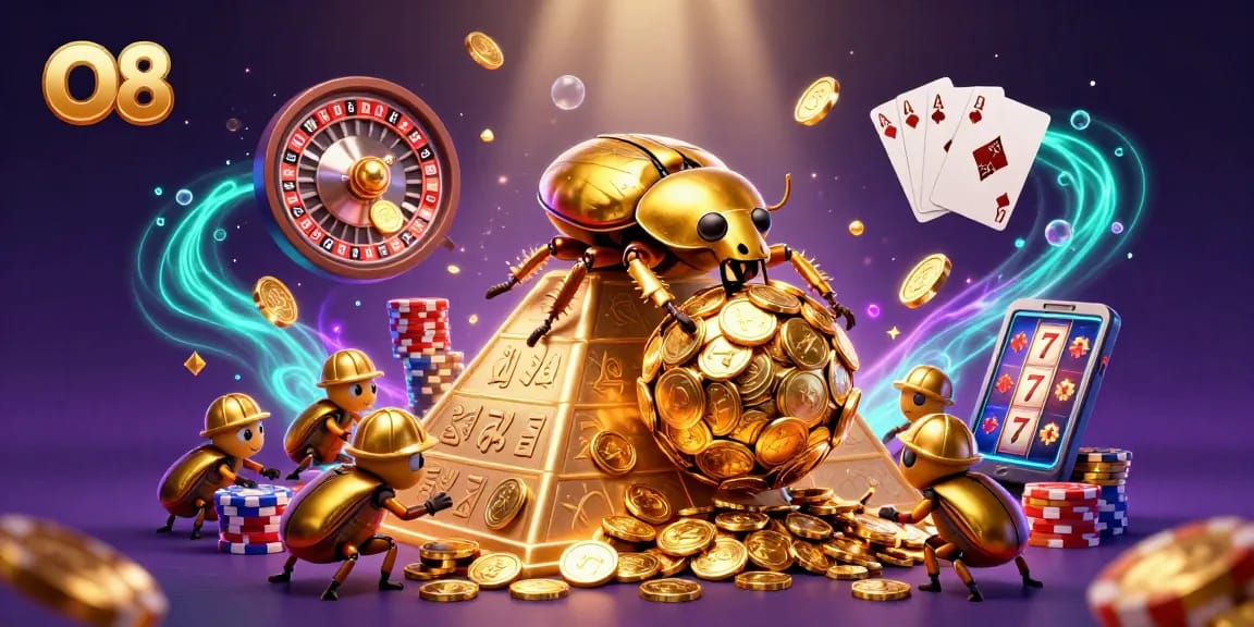 Experience the excitement of O8 with dynamic casino symbols and golden treasures in a stunning 3D scene.