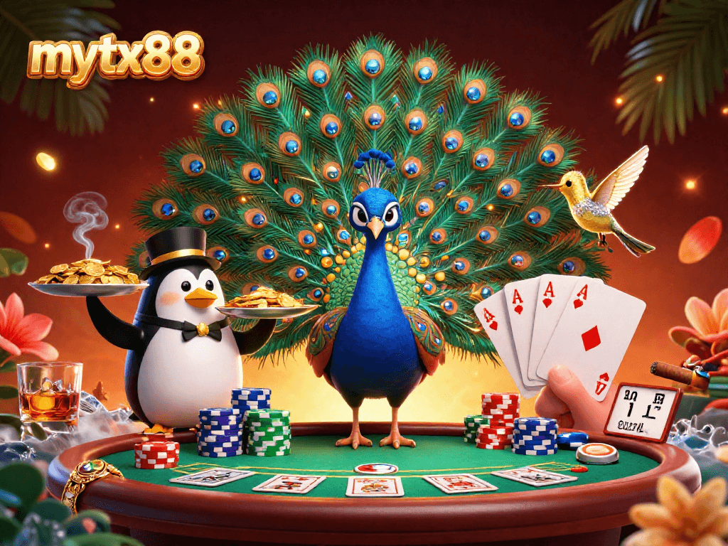 Experience luxury gaming at mytx88 with vibrant casino elements and unique characters.