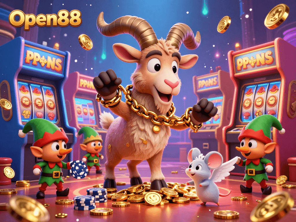 Experience thrilling gaming at Open88 with a lively casino scene featuring Krampus and playful elf gremlins.