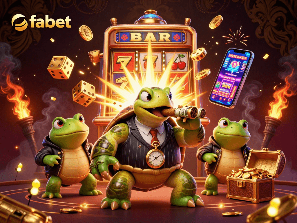 Experience fabet thrills with a dynamic casino scene featuring a lucky turtle and bullfrog enforcers.