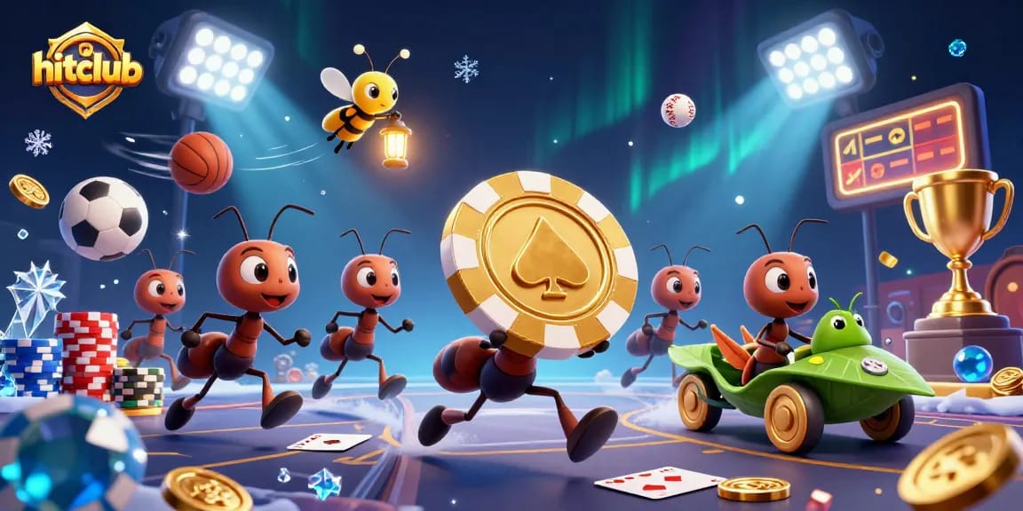 Hitclub features a team of ants and a grasshopper expertly navigating a poker heist amidst a vibrant gambling scene.