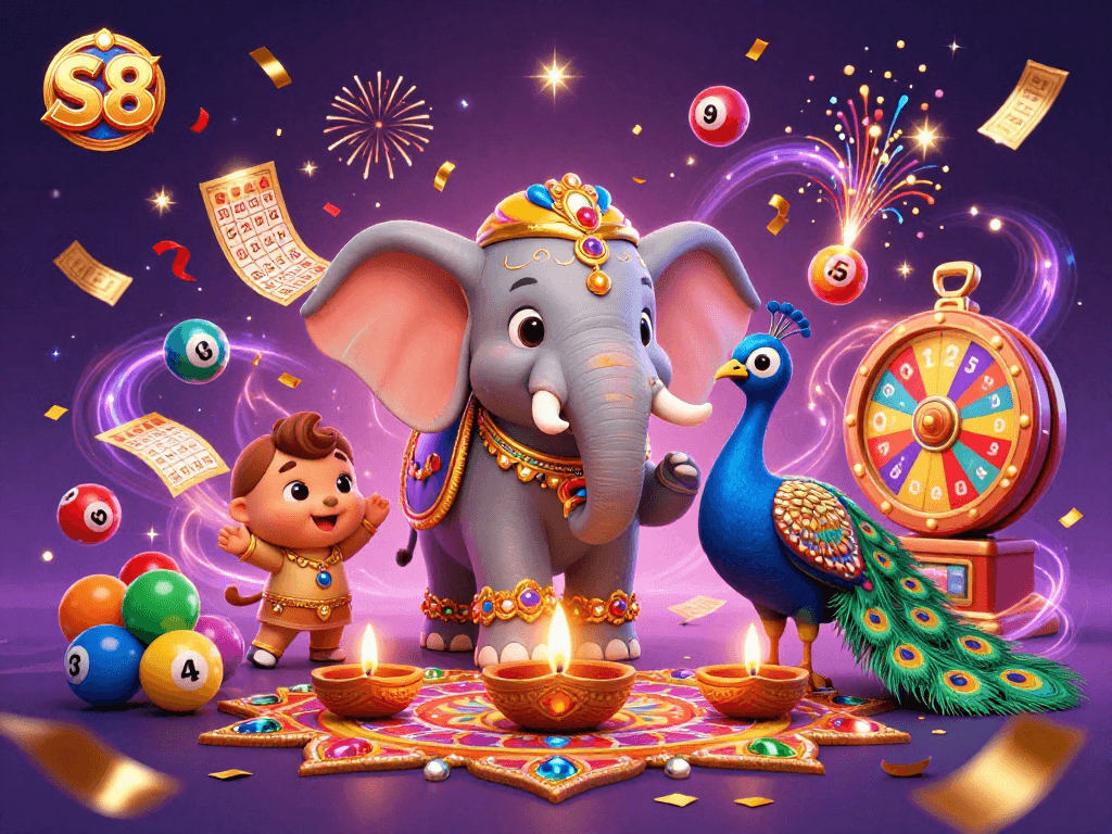 Join the excitement at S8 with colorful lottery balls and dynamic gaming elements in a rich 3D illustration.