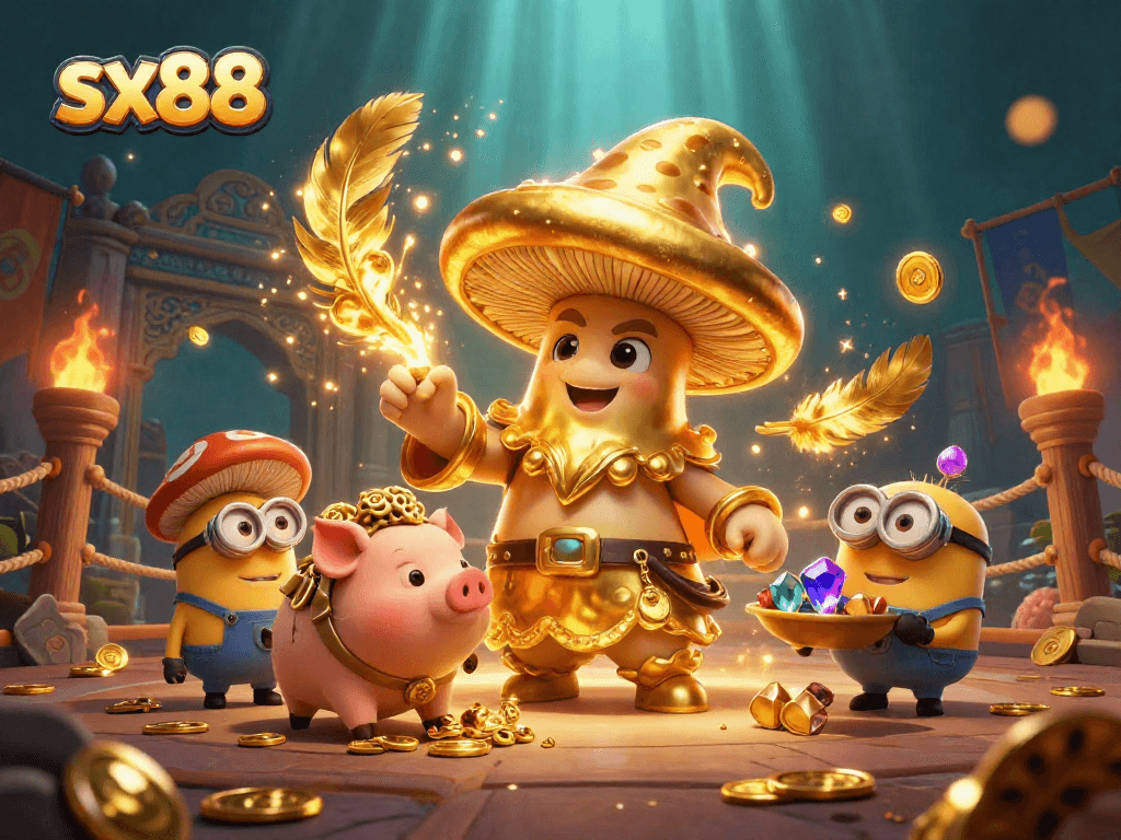 Engage in winning strategies at sx88 with our vibrant casino-themed illustration, showing magical treasures and dynamic gaming elements.