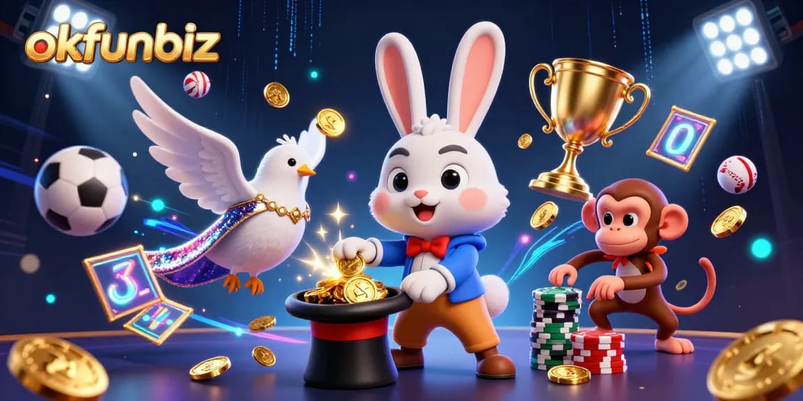 Engage with the dynamic world of okfunbiz featuring a magical rabbit, poker chips, and sports betting elements.