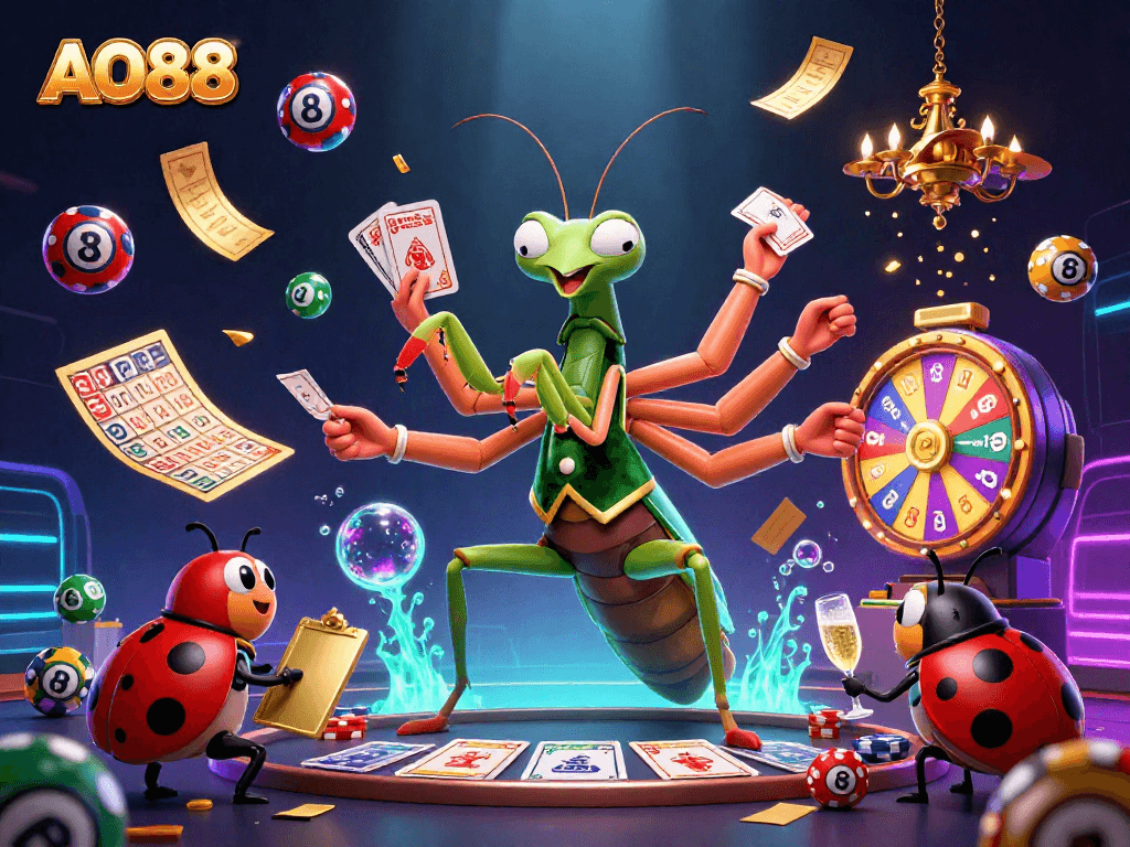 Experience thrilling AO88 gaming action with a lively mantis card sharp and ladybug pit boss overseeing dynamic lottery games.