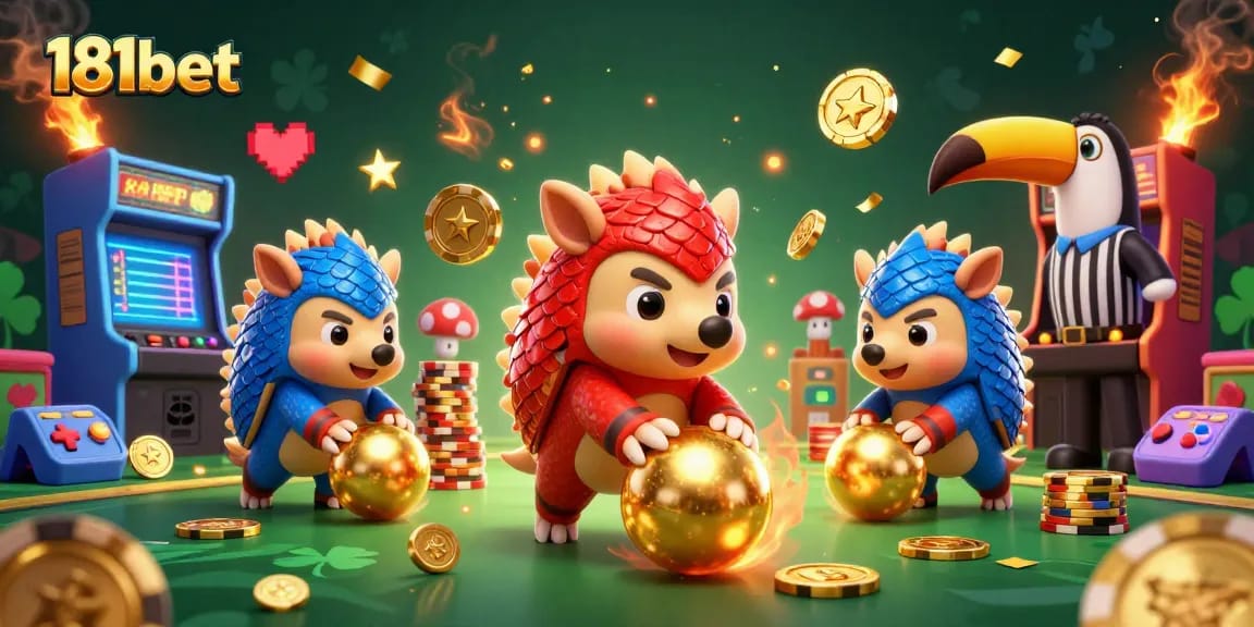 181bet pangolins competing in a vibrant casino-themed challenge with poker chips and colorful arcade elements.
