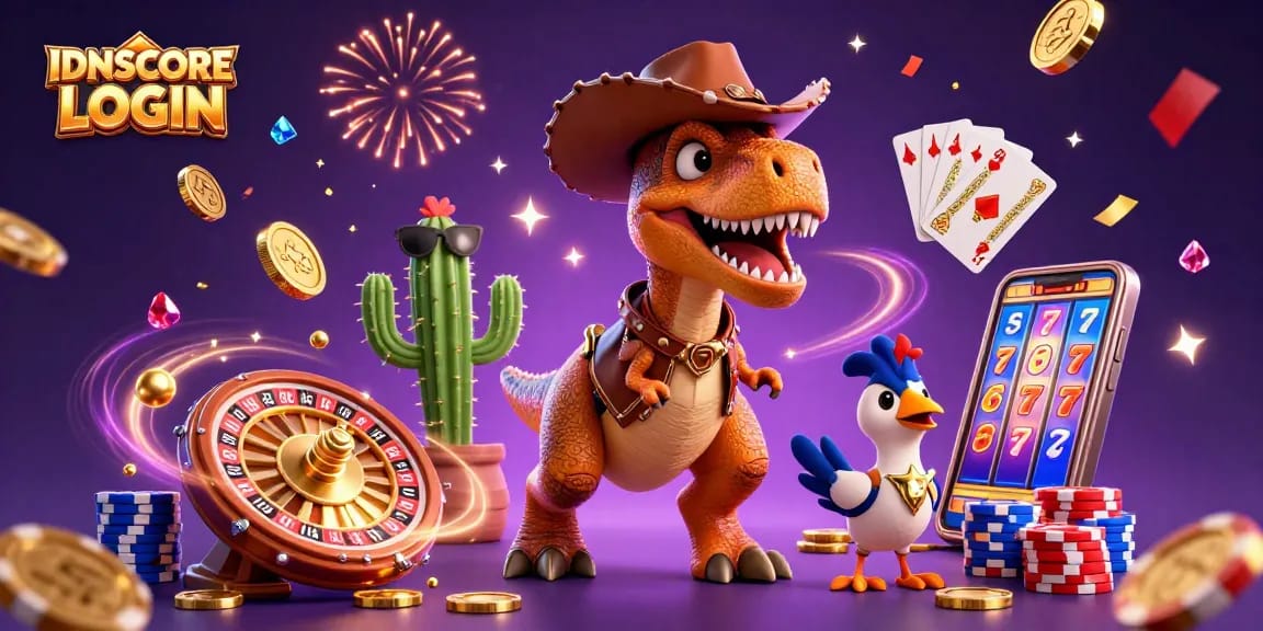 Experience thrilling gaming action with IDNSCORE LOGIN, featuring characters amidst cascading coins and vibrant casino elements.