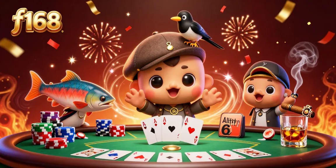 Engage in thrilling poker at f168 with colorful chips and playful characters in dynamic action.