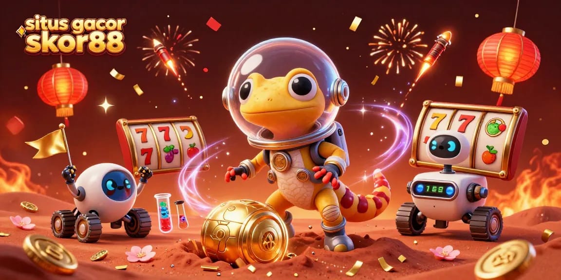 Situs gacor skor88 showcases a Martian gecko and robotic rover celebrating a jackpot in a vibrant casino scene.