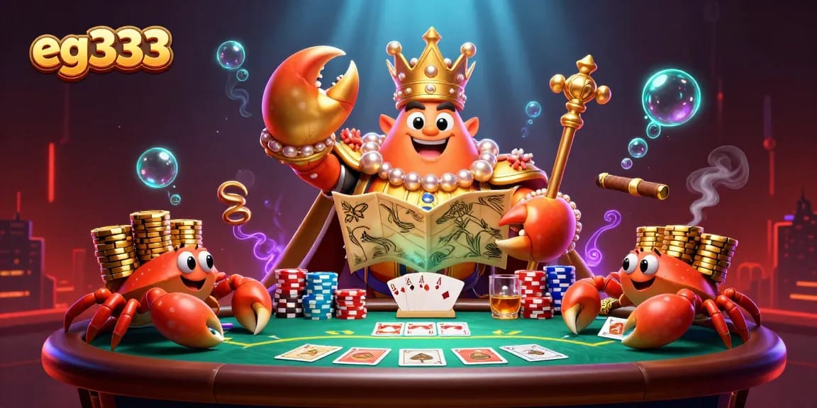 Experience exciting gameplay at eg333 with a dynamic scene featuring a golden crab emperor and poker elements