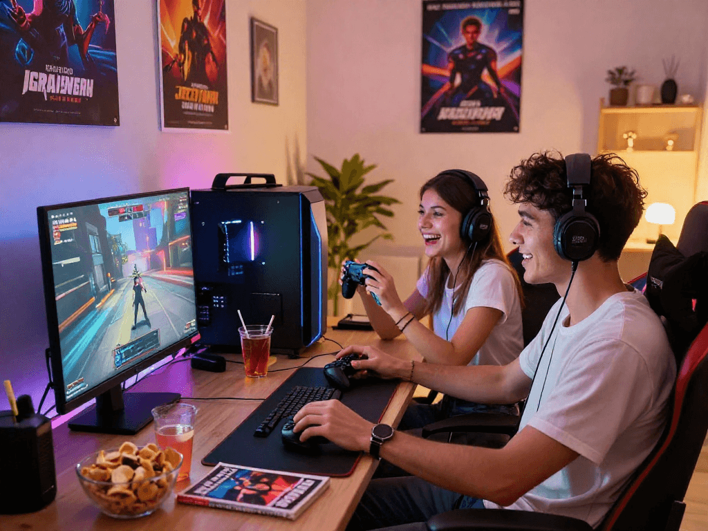 Exciting gaming sex experience at home with players immersed in interactive gameplay