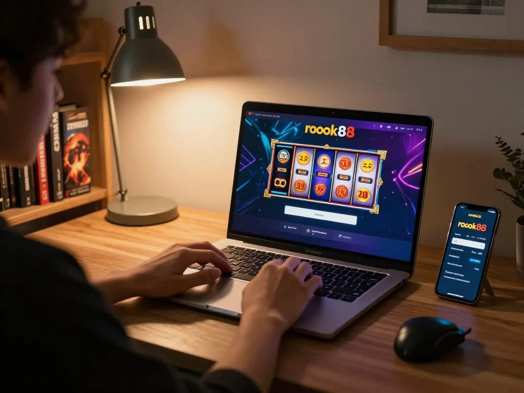 Mengakses login slot rokok88 di laptop dalam pengaturan rumah yang nyaman dengan strategi permainan.