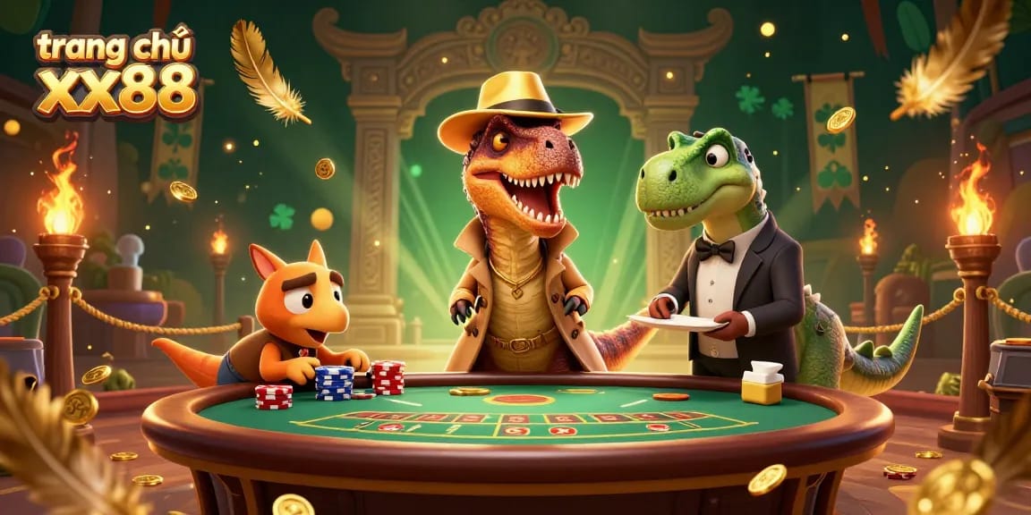 Engage in thrilling gameplay at trang chủ xx88 with cartoon characters, golden coins, and vibrant casino elements.