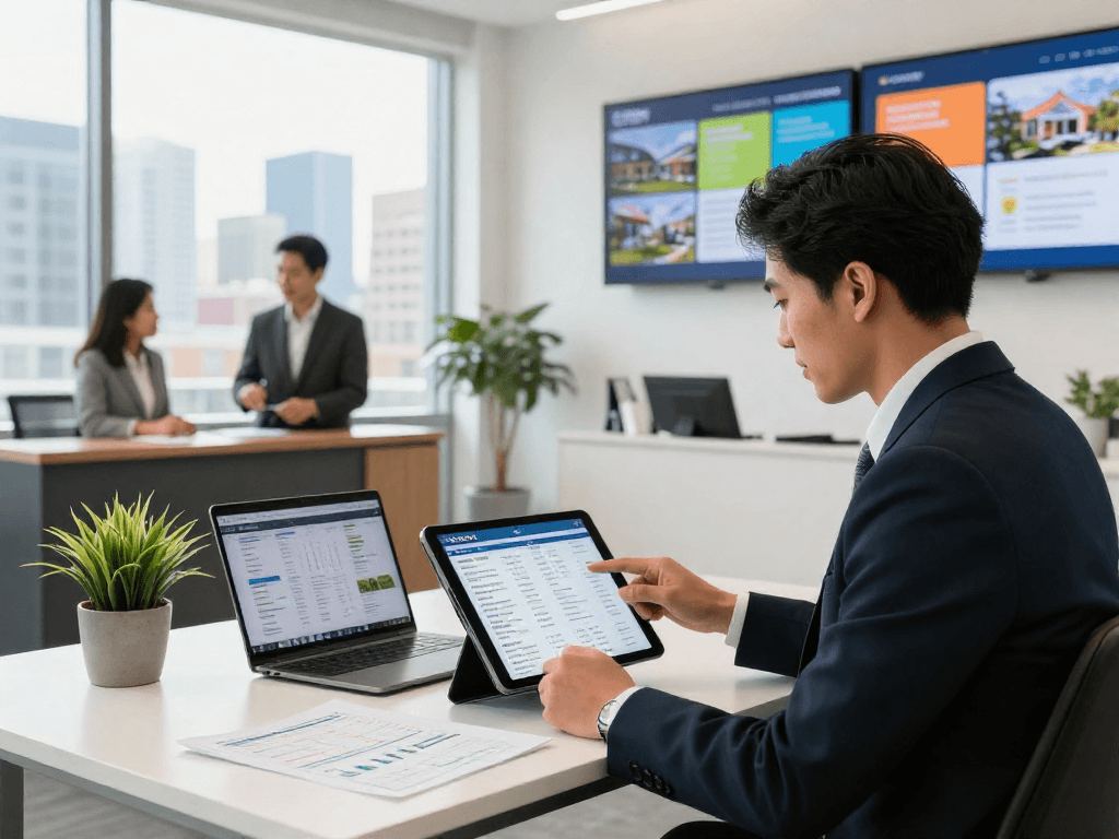 Real estate agent using IDXSTAR technology for property listings in a modern office