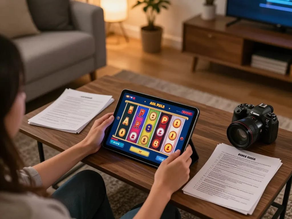 Engaging in slot pulsa gameplay on a tablet in a cozy home setting, reflecting strategic betting