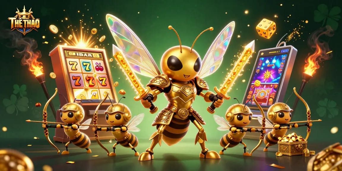 Experience thrilling THỂ THAO action with vibrant 3D illustration of a golden hornet and dynamic gaming elements.