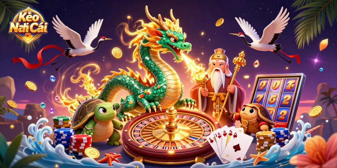 Kèo Nhà Cái 5 showcases a jade dragon, turtle sage, and lucky cranes in a vibrant casino scene.
