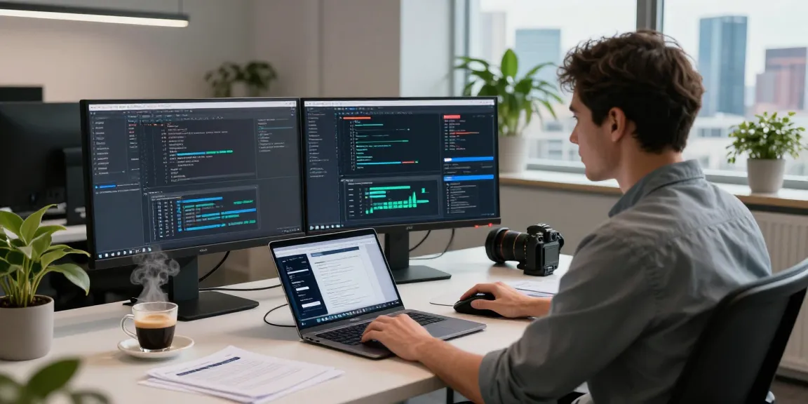 快连 software developer at a modern workspace with coding displays and city view.