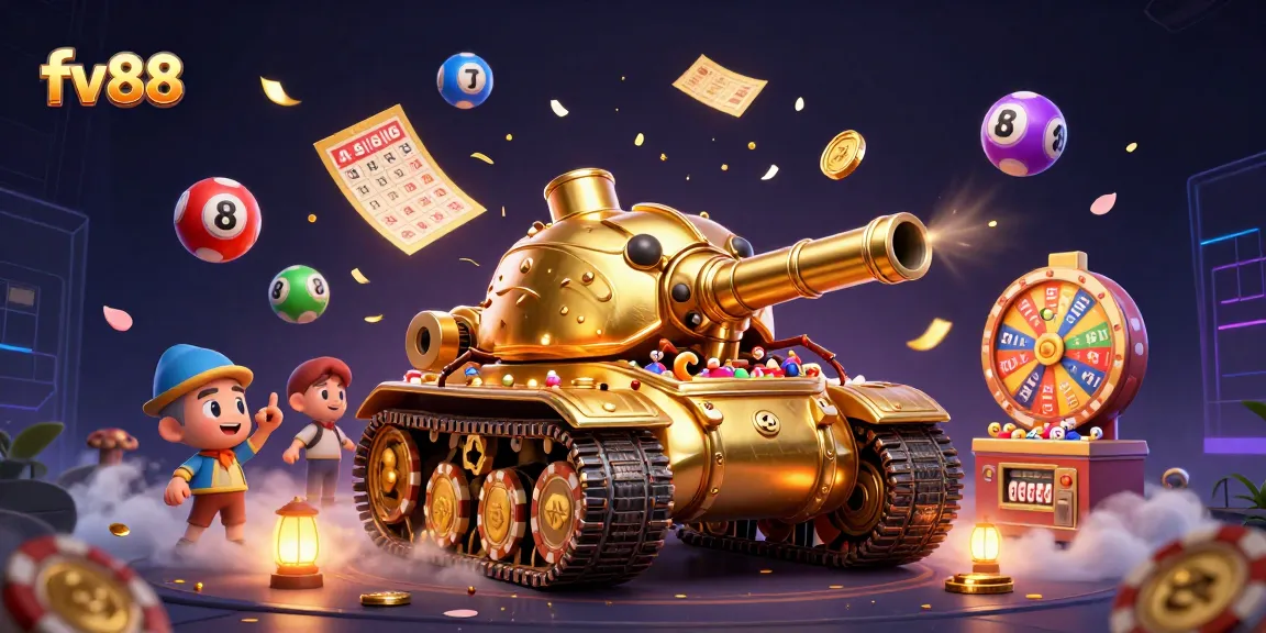 Join the excitement at fv88 with a vibrant 3D casino scene featuring dynamic lottery balls and a unique beetle tank.