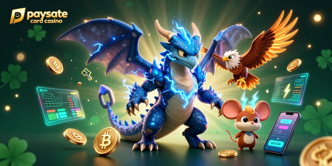 Erleben Sie ein aufregendes Gameplay in einem Paysafe Card Casino mit einer bunten, dynamischen Szene, die mythische Charaktere und Krypto-Elemente zeigt.