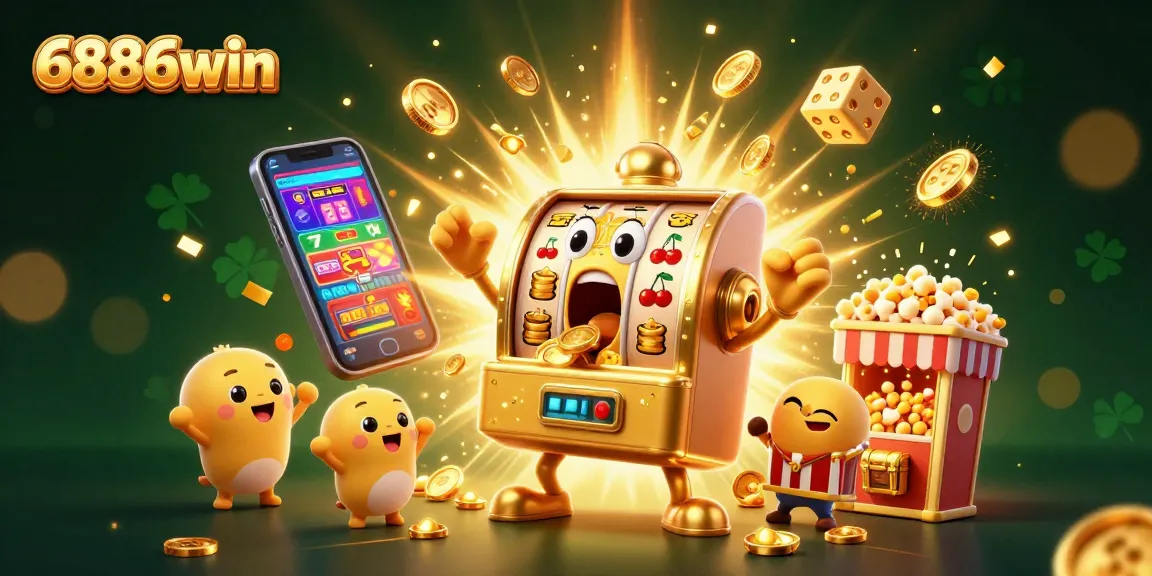 Experience the excitement of 6886win with a golden slot machine winning a jackpot surrounded by celebrating smaller machines.