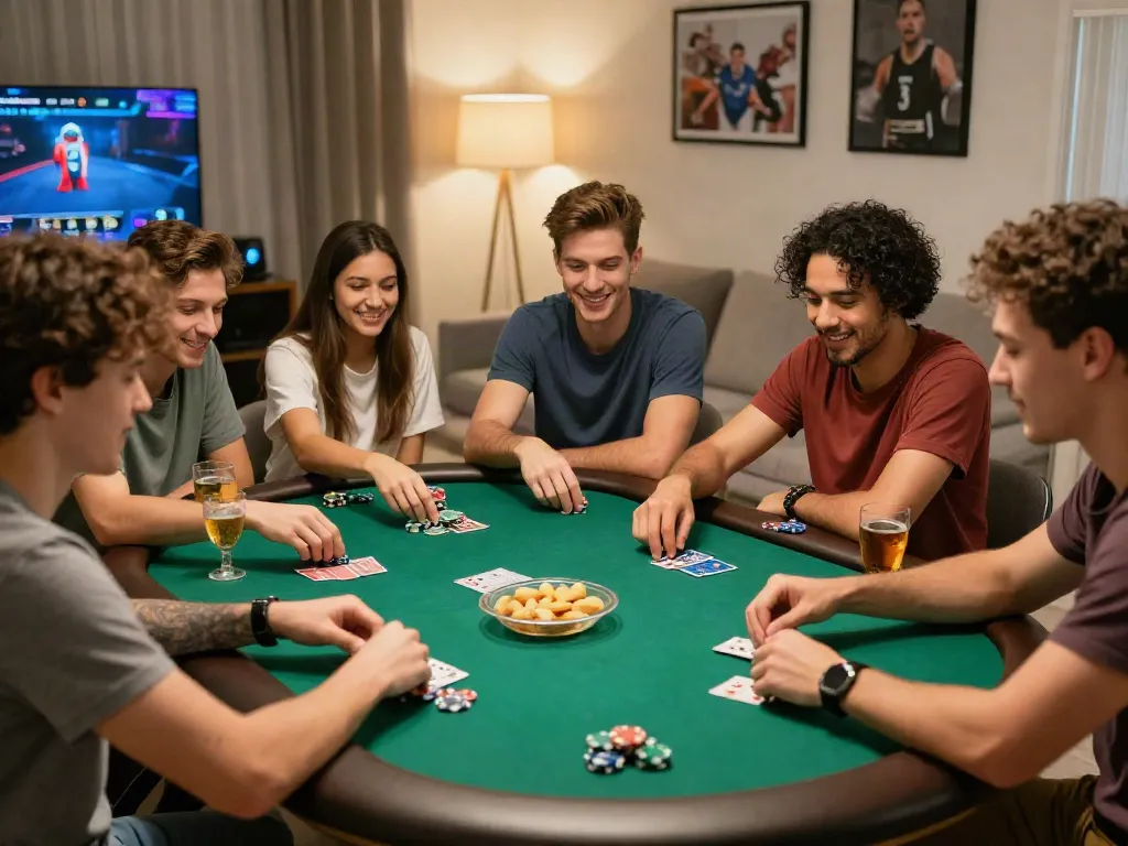 Exciting gathering of friends playing poker in a vibrant home setting, embodying the essence of 11 bet gaming.