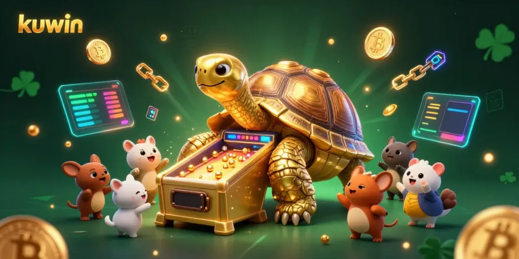 Engage with kuwin gaming by experiencing a vibrant 3D illustration of a tortoise-themed pinball machine in a casino setting.