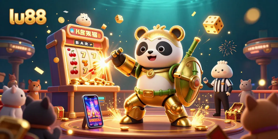 Experience the excitement of lu88 with a golden panda piloting a gaming robot amidst a casino jackpot.