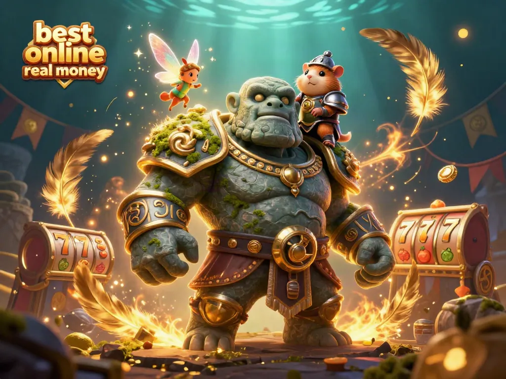 Experience the magic at the best online casino real money with a golem, fairy, and hamster knight amidst exciting gaming elements.