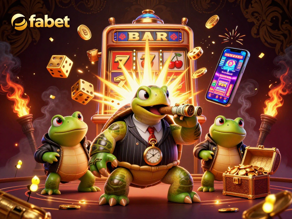 Experience fabet thrills with a dynamic casino scene featuring a lucky turtle and bullfrog enforcers.
