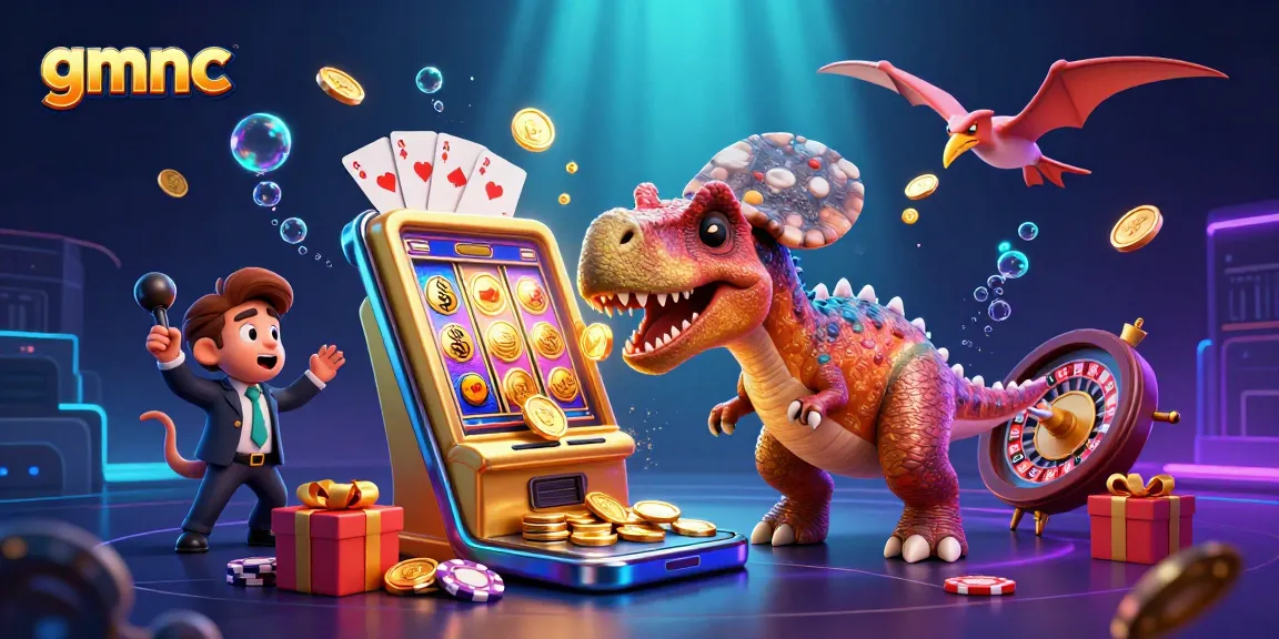 gmnc showcases a pachycephalosaurus triggering a jackpot at a slot machine amidst flying coins and a panicked manager.