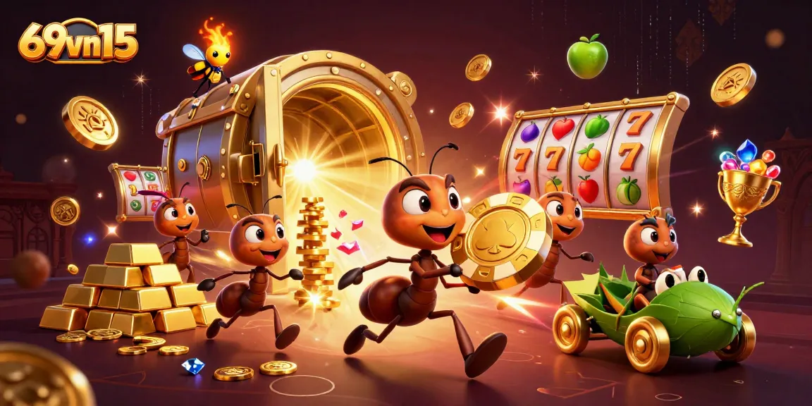 Engage in high-stakes fun at 69vn15 with cartoon ants heisting a giant golden poker chip.