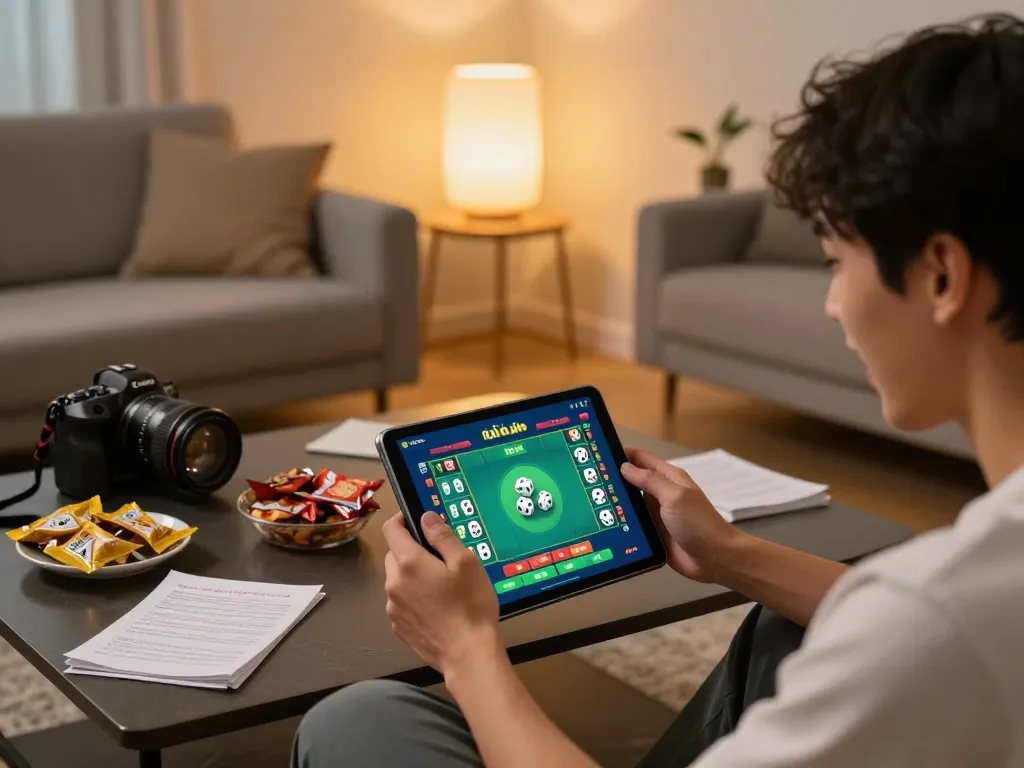 Playing app tài xỉu online on a tablet at home, enjoying a cozy gaming atmosphere.