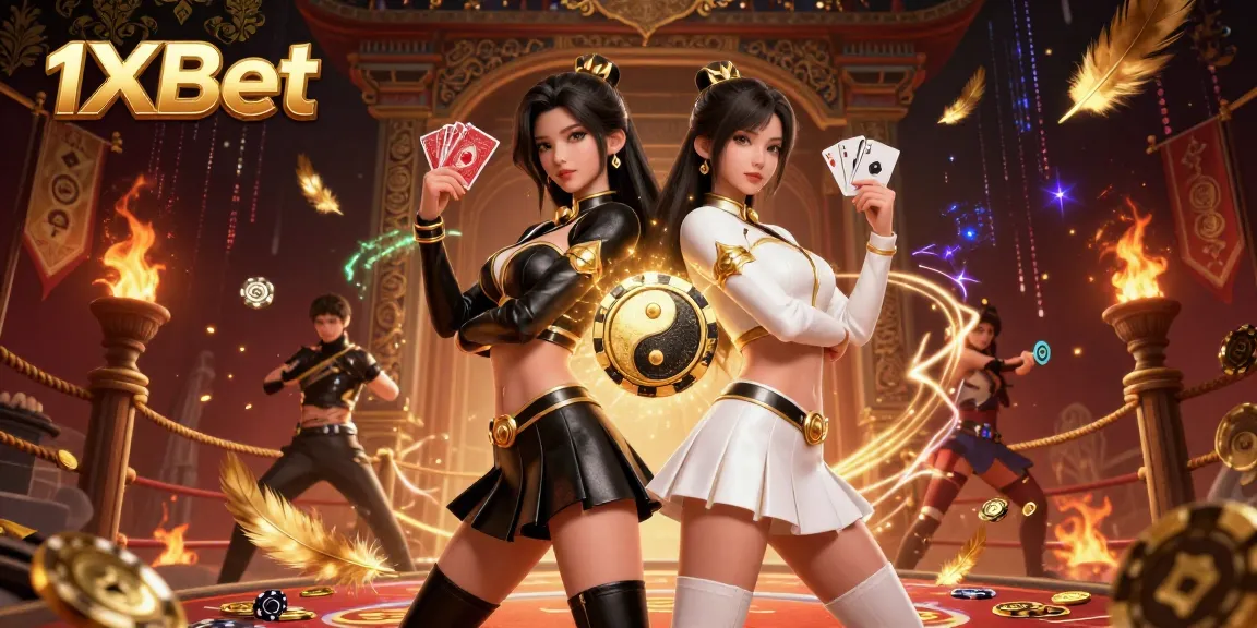 Experience thrilling action with 1xBet as twin Asian women hold playing cards amidst a vibrant casino scene.